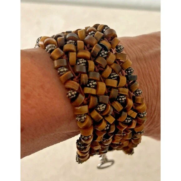 Kenneth Cole Wide Multistrand Brown Beaded Bracelet Signed with T Clasp