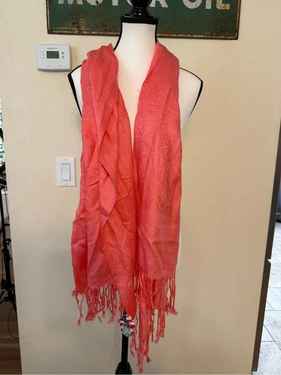 100% Pashmina Coral Wrap Large Cashmere Silk Shawl Scarf Tassels Made In USA