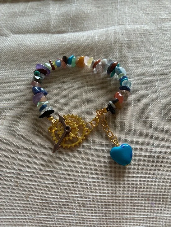 Multicolor Gemstone Bead Bracelet with Gold Toggle and Blue Heart Charm