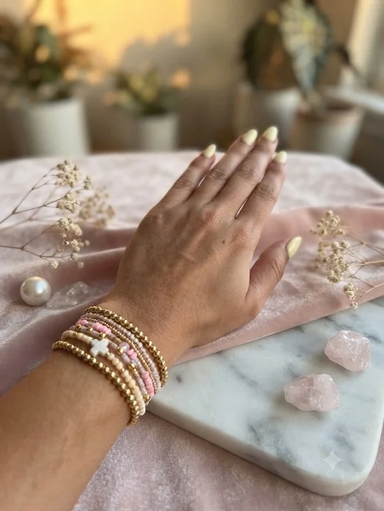 Stackable Pink and Gold Beaded Bracelet Set