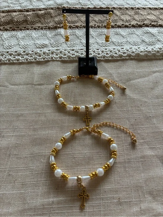 Gold & White Beaded Cross Bracelet, anklet and Earring Set
