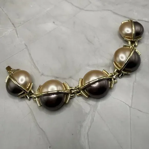 Vintage Two-Tone Faux Pearl Orb Bracelet Gold Tone Space Age