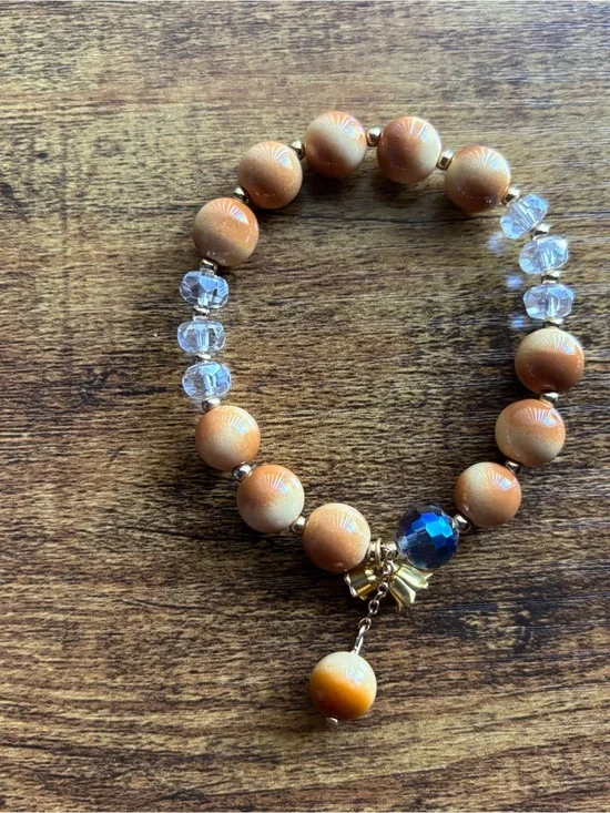 Gold-Tone Brown Beaded Stretch Bracelet with Charm