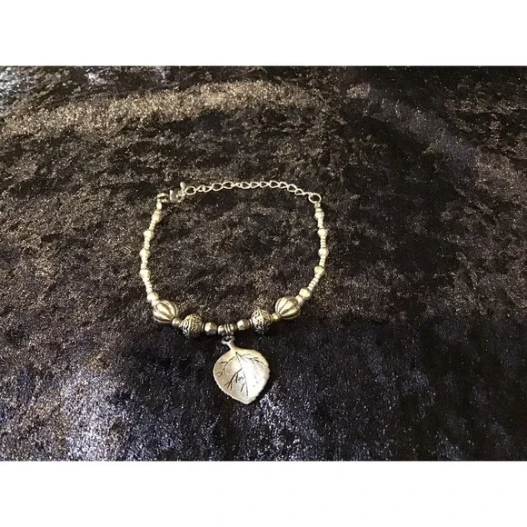 Silver Tone Beaded Leaf Charm Bracelet Adjustable Nature Fairy Boho Woodsy Fall