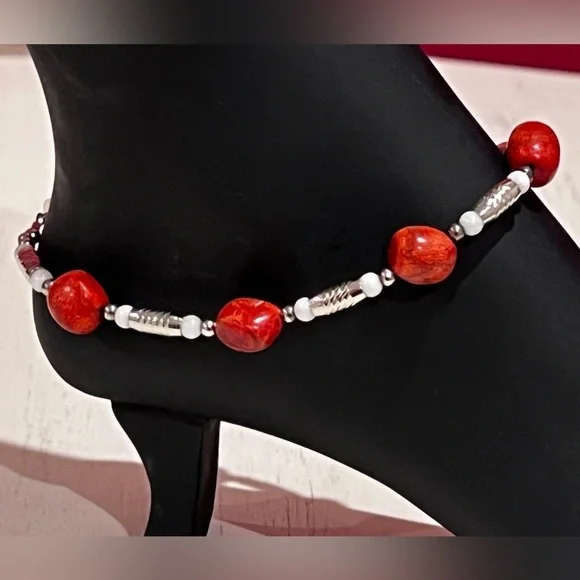Red, Silver and White Handmade Jasper Beaded Bracelet