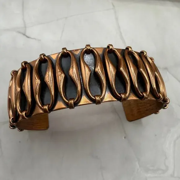 Vintage Copper Black Accent Sculptural Cuff Bracelet MCM Modernist