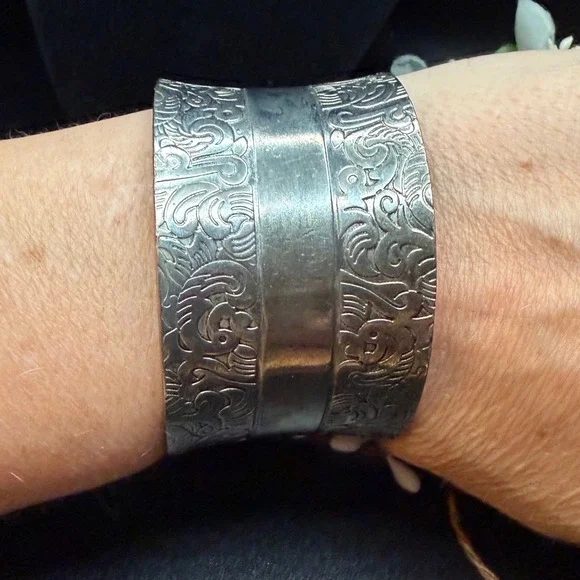 Vintage Silver Tone Embossed Scroll Wide Cuff Bracelet Boho Statement Jewelry