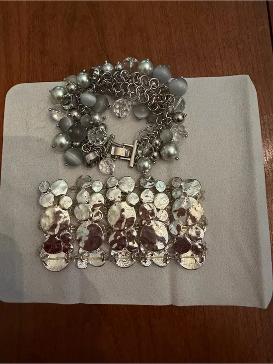 Two- Silver pearl Beaded Charm Bracelet and hammered silver mob wife classic