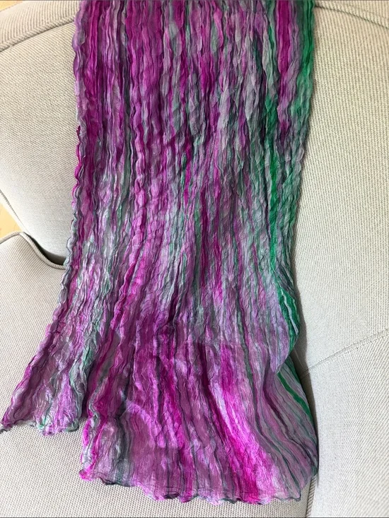 Vintage Crinkle Pleated Scarf • Purple, Magenta & Green Artsy Boho Scarf