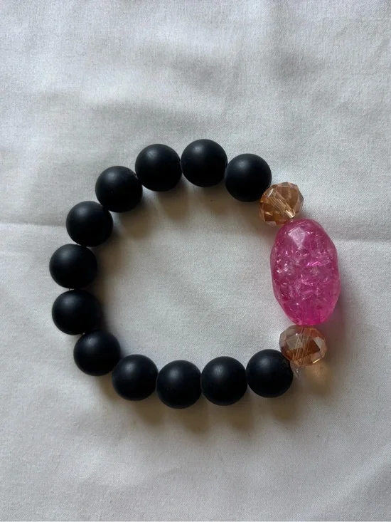 Pink Crystal Accent Black Bead Stretch Bracelet