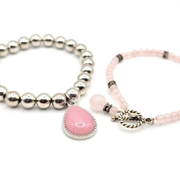 Two Beaded Bracelets Silver Tone Beads Pink Charm & Rose Quartz Toggle Closure‎