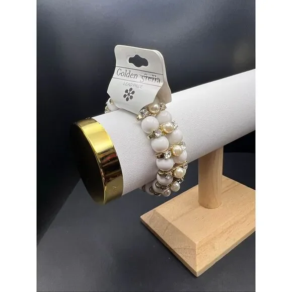 New! Golden Stella White Bead Faux Pearl Rhinestone Stretch Bracelet