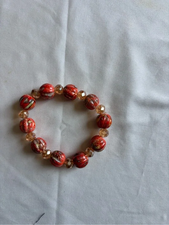 Red Beaded Stretch Bracelet with Faceted Accent Beads