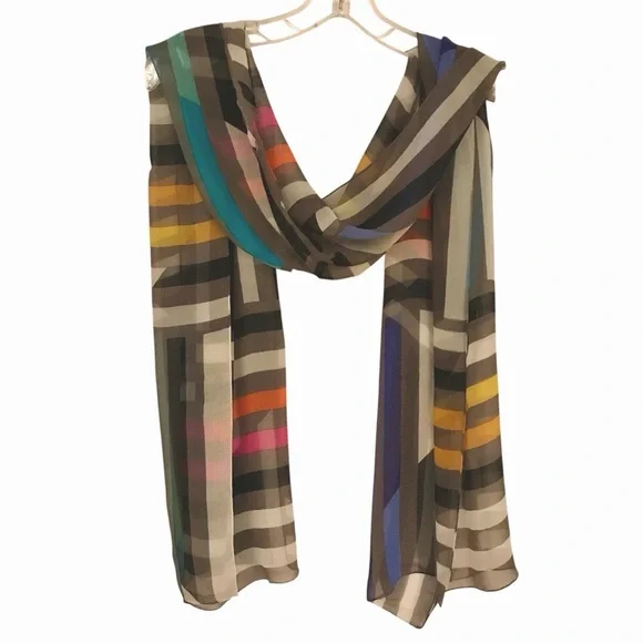 PER SE 100% Silk Scarf *Colorful Linear Print*