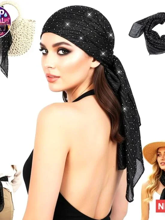 Rhinestone Head Scarf Polyester Silk Feel Large Size Fashion Accessory