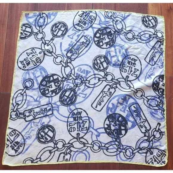 Henri Bendel Silk Scarf Charm Chain Print White Blue Yellow Square 26