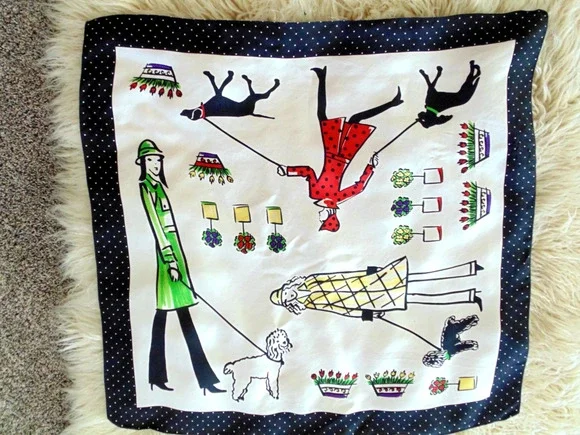 Retro 70s Fashions NY Paris Fashionista Women Walking Dogs Silk Scarf Square