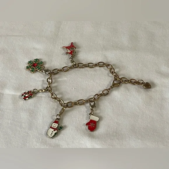 Vintage Christmas charm bracelet, gold tone, removable, charms