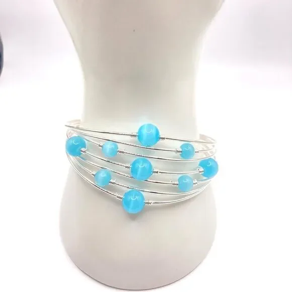 Silver Wire Blue Glass Bead Floating Cuff Bracelet