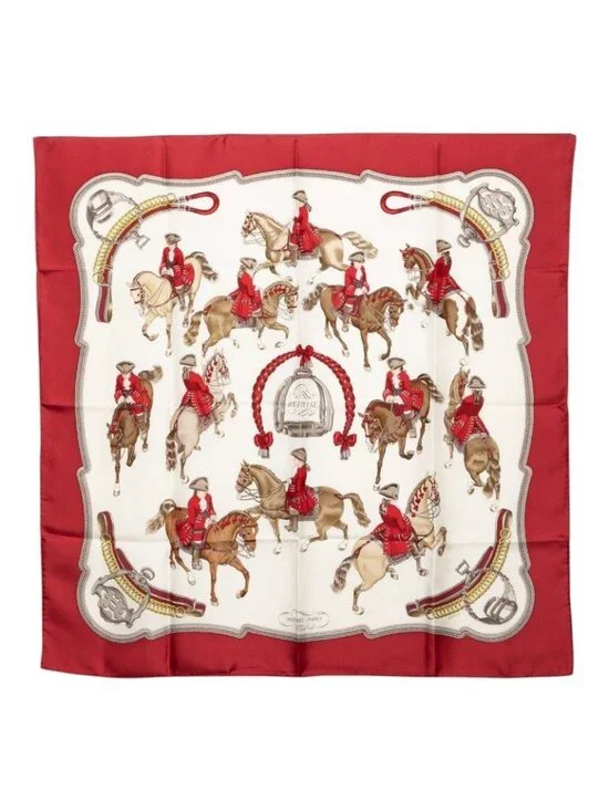 Hermes Carre 90 Reprise Horse Riding Scene Scarf Red Multicolor Silk