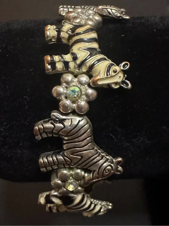 Zebra Animal Charm Bracelet in Silver Tone and Cream