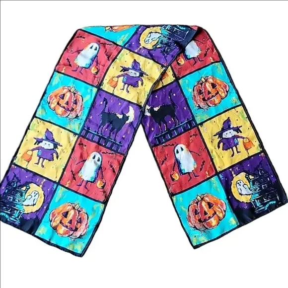 Echo Silk Scarf Halloween Long Witch Pumpkin Cat Vintage Rectangular Multicolor
