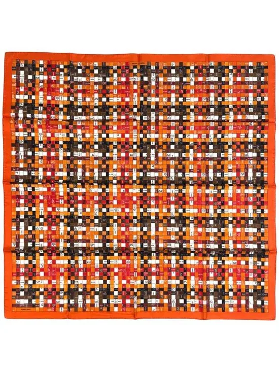 Hermes Carre 90 Bolduc AU Scarf Check Ribbon Silk Orange Brown