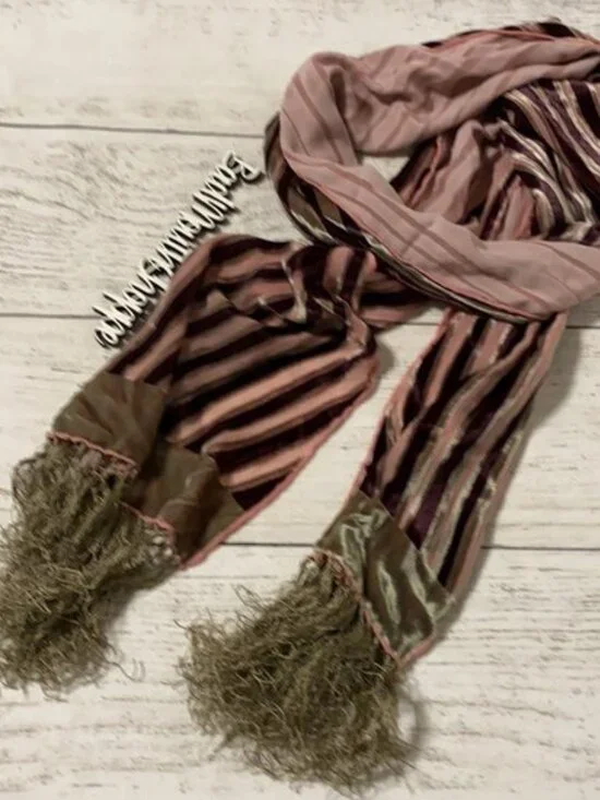 Vintage 90s 00s Pink Maroon Velvet Silk Elegant Formal Scarf with Fringe