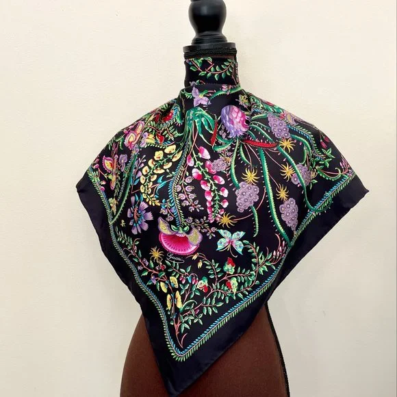 Display #1 Gucci Floral Black Green Multicolor Flora Silk Scarf Wrap