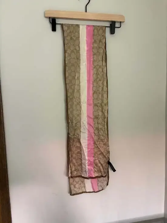 Coach Signature C Print Silk Scarf with Pink White Striped