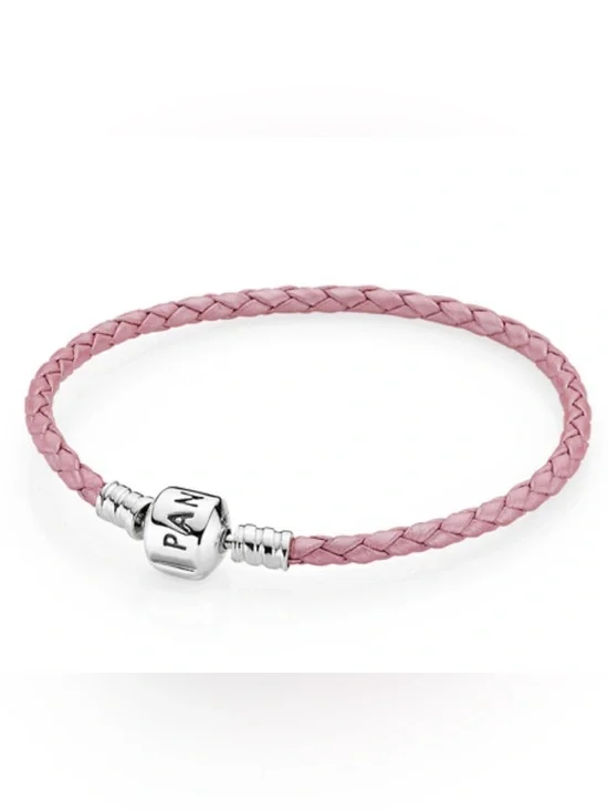 Pandora Light Pink Braided Leather Charm Bracelet with Silver Clasp