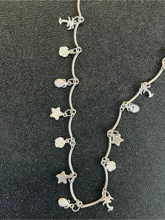 Sterling silver tropical theme anklet. 10”. Starfish, palm trees, pineapple.6.5g