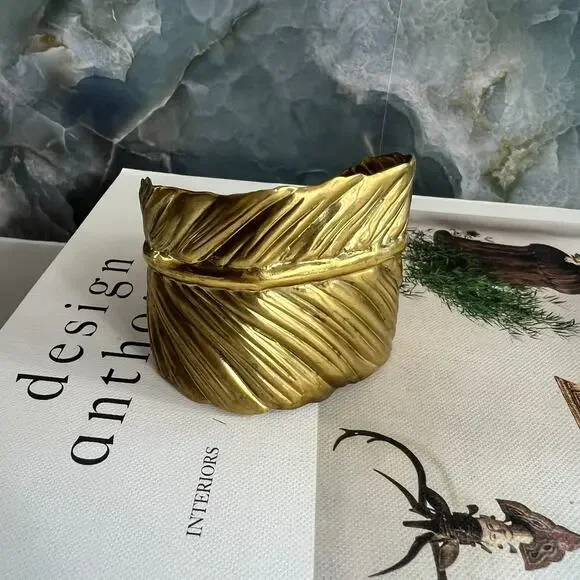 Women's Brass Leaf Cuff Bracelet Adjustable Signed by Joan