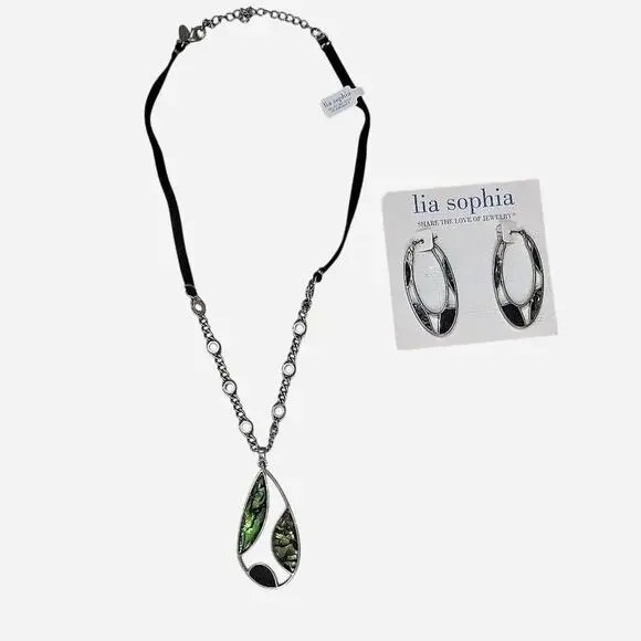 NWT Lia Sophia Abalone & Black Enamel Silver Tone Necklace & Earring Set