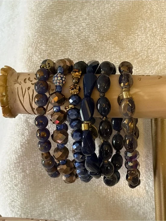 Navy Blue and Gold Beaded Stretch Bracelet Set