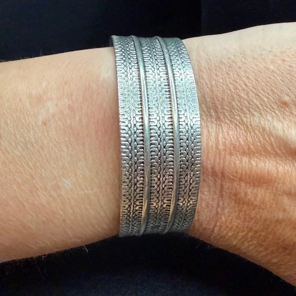 Vintage Silver Tone Textured Ornate Triple Band Open Cuff Bracelet Boho Tribal