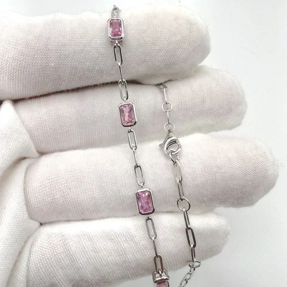 7” .925 Sterling Silver Pink Cz Bracelet