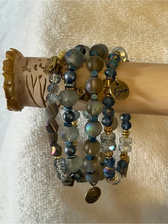 Erimish Blue & Gray Beaded Stack Bracelet Set with Gold Accents