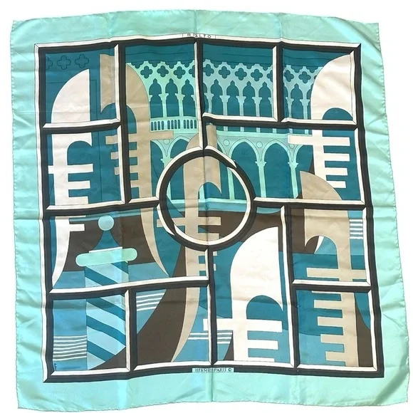 Hermès Rialto Silk Scarf Teal Aqua Geometric Print Carre 90 w/ Box