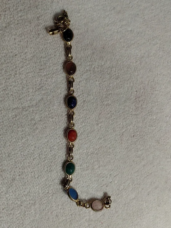 Vintage Multicolor Oval Stone Link Bracelet - Gold Tone