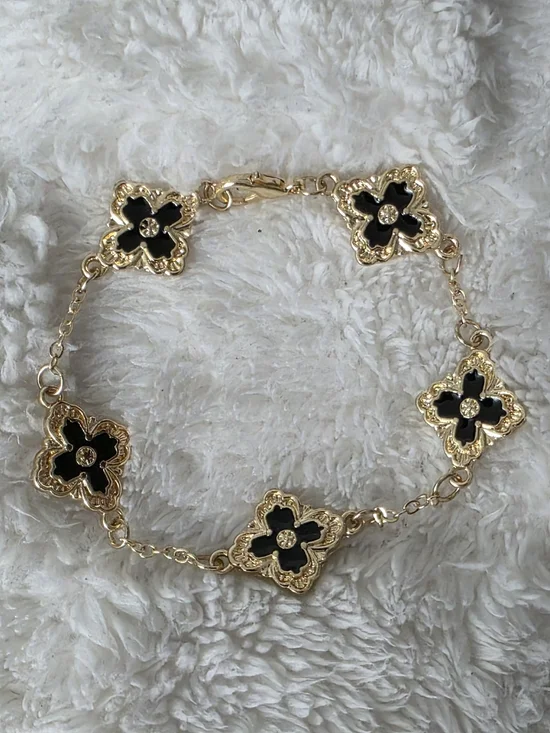 FOUR LEAF CLOVER BRACELET GOLD TONE + BLACK (FITS 6.5