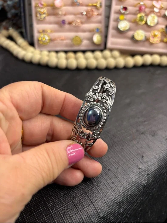 Sterling Floral Cuff Bracelet with Blue Cabochon