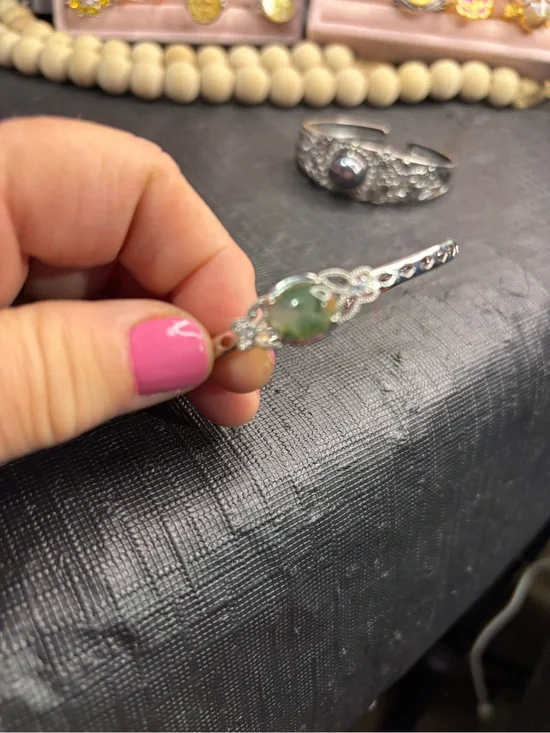 Sterling Silver Green Gemstone Filigree Bracelet - Unbranded