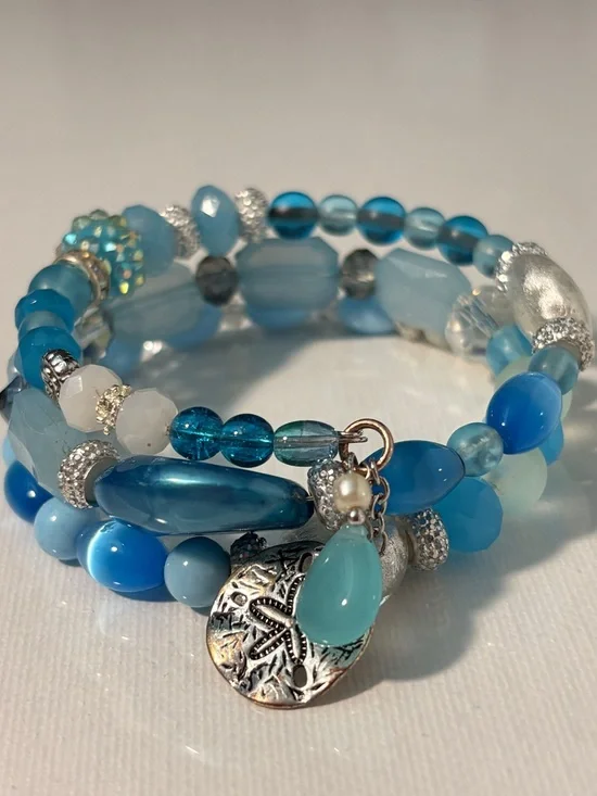 HANDCRAFTED WRAP BEAD BRACELET Memory Wire Blue Boho Artisan Designed