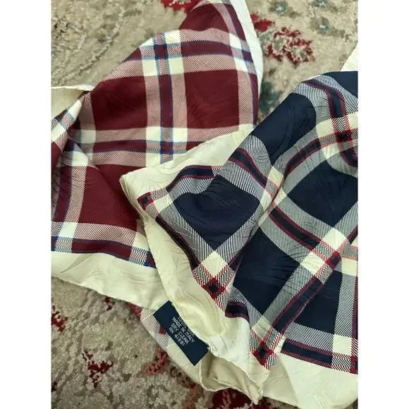 Vintage Polo by Ralph Lauren Blue & Red Plaid 100% Silk Square Scarf Set of 2