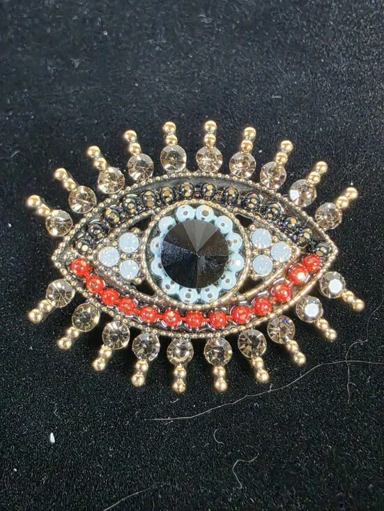 Gold Tone Eye Brooch Pin with Black Center and Red Accents