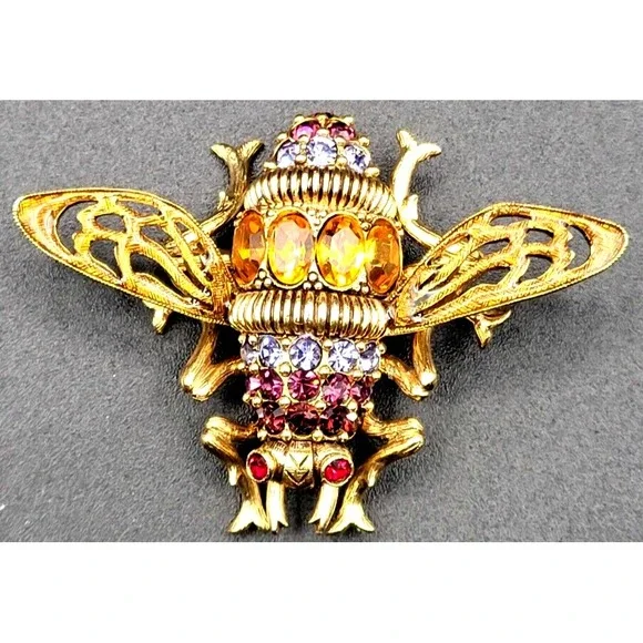 JOAN RIVERS BUMBLEBEE BROOCH‎ PIN MULTI-COLOR CRYSTAL SIGNED RED ORANGE RED EYES