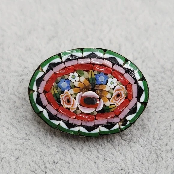 Vintage Micro Mosaic Floral Brooch Made in Italy Oval Millefiori Glass Pin