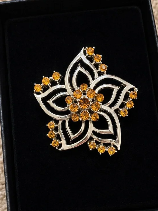 Vintage Cora Amber Rhinestone Floral Brooch | Silver Tone Openwork Pin | Signed