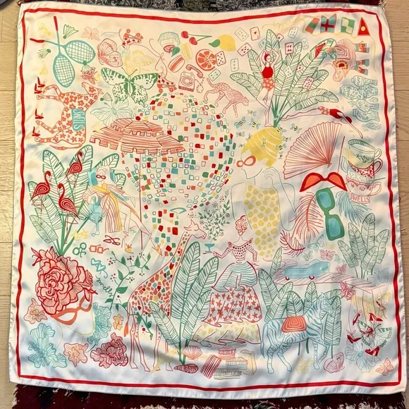 Silk-Feel Tropical Print Scarf in Cream, Coral & Mint
